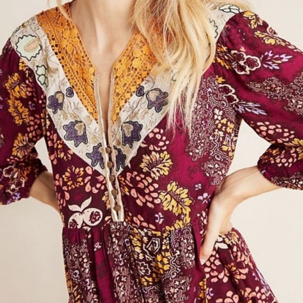 Bohemian Floral Dress with Embroidered Neckline